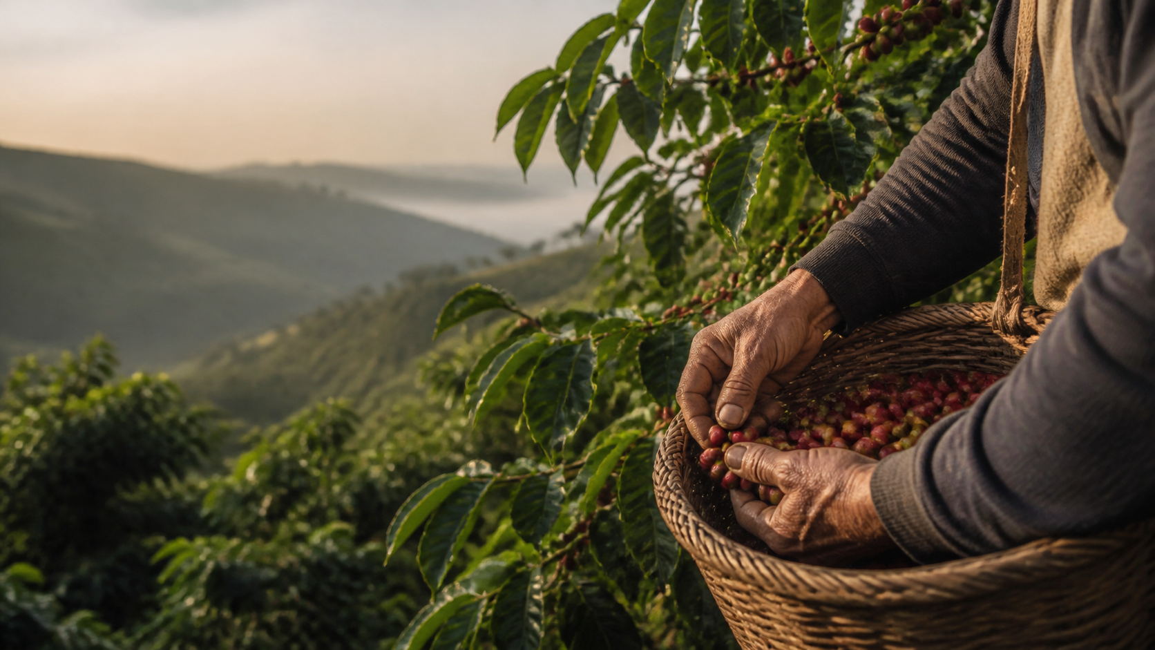 Seleção manual de frutos maduros em uma lavoura de café de altitude