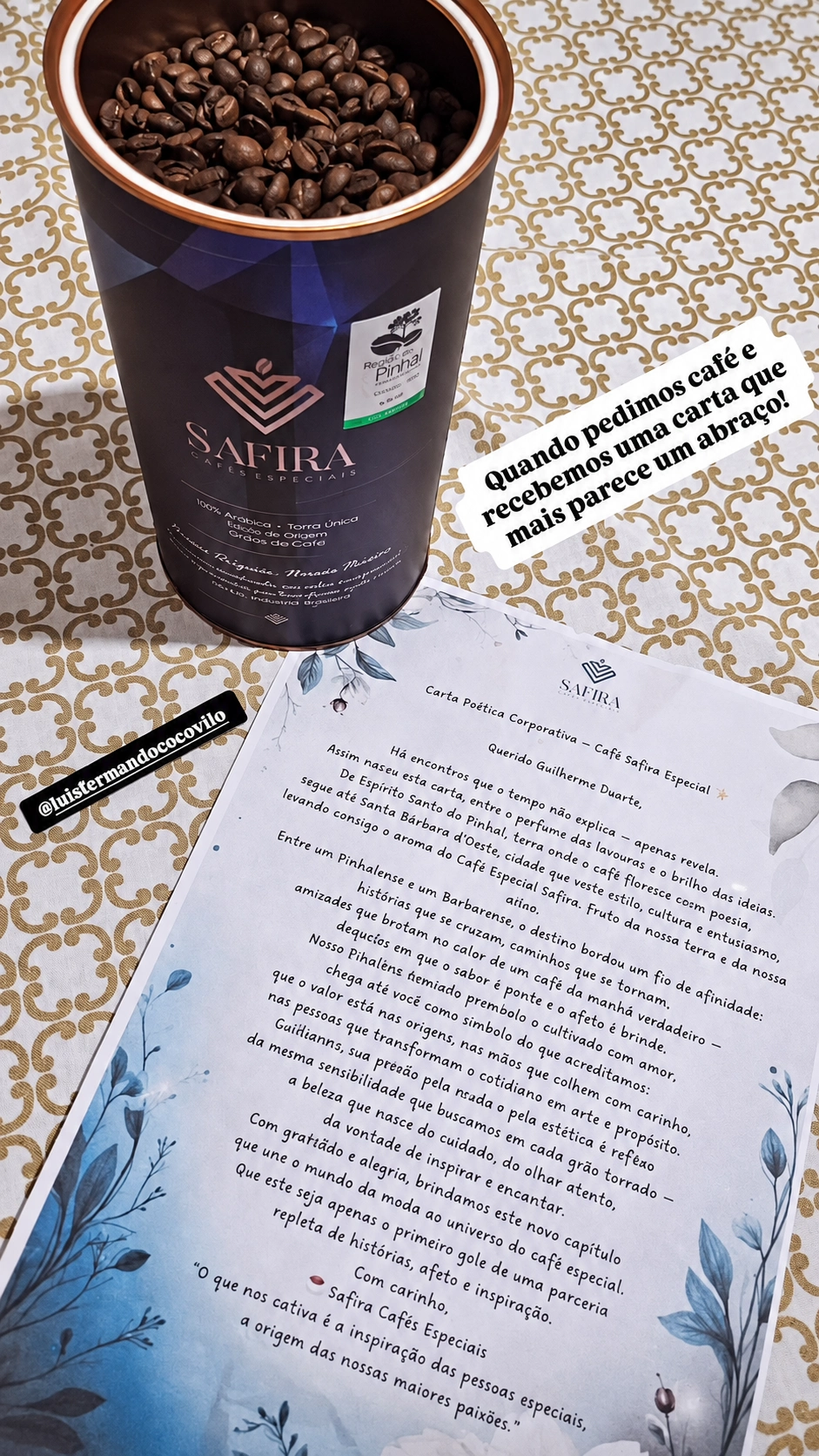 Café Safira acompanhado de uma carta especial