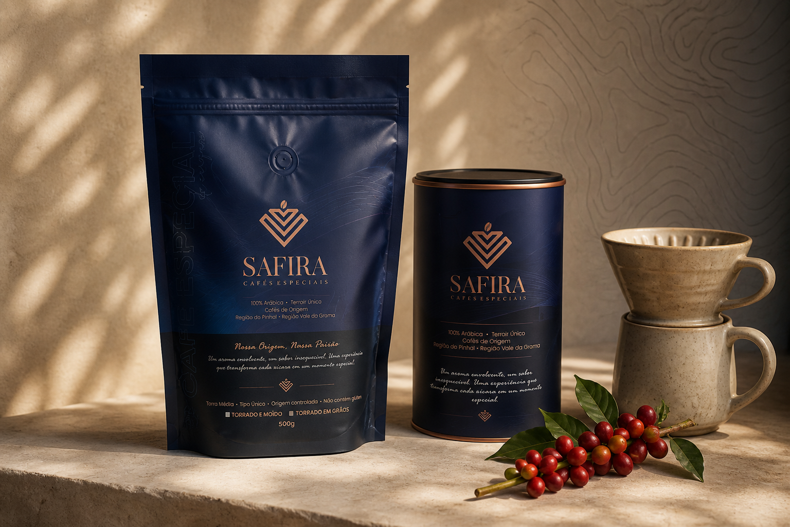 Café Safira e cerejas de café